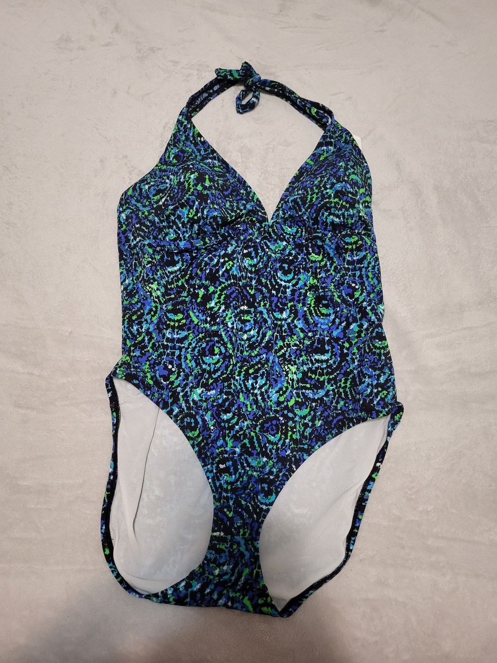 Speedo NWT One-Piece V-Neck Shirred Halter Swimsuit Blue Green Mosaic - Size 18
